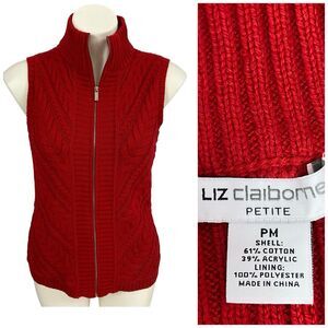 Liz Claiborne Sweater Vest Womens PM Red Full Zip Cable Knit Nautical Holiday